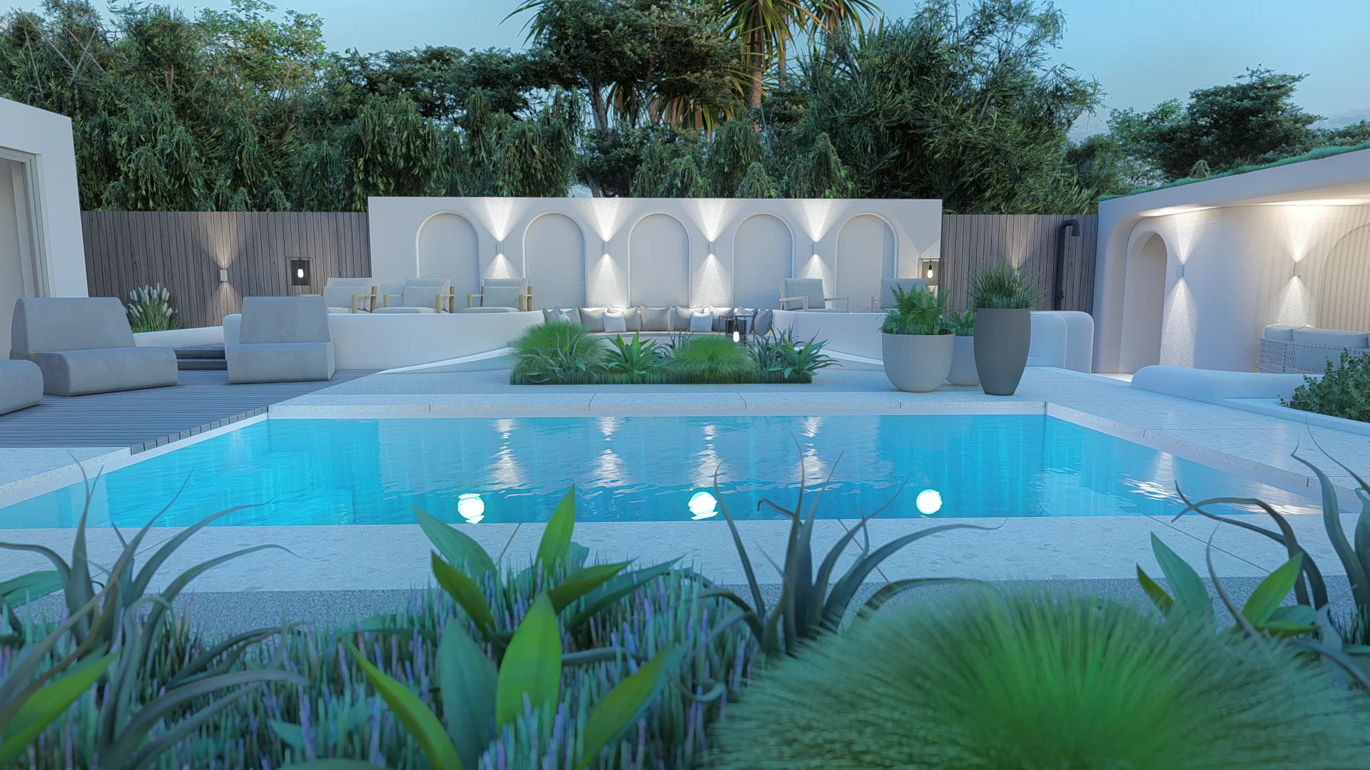 Exclusieve villatuin met loungeterras en sfeerverlichting in Naarden
